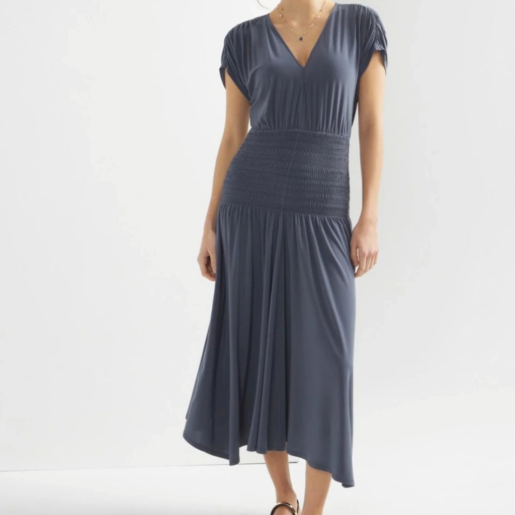 Whbm Indigo Blue Flowy Smocked Waist Asymmetric Hem Midi Dress